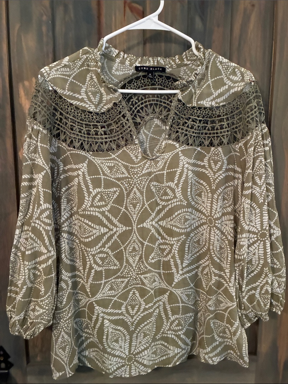 Como Black Olive Botanical Crochet Yoke Blouse